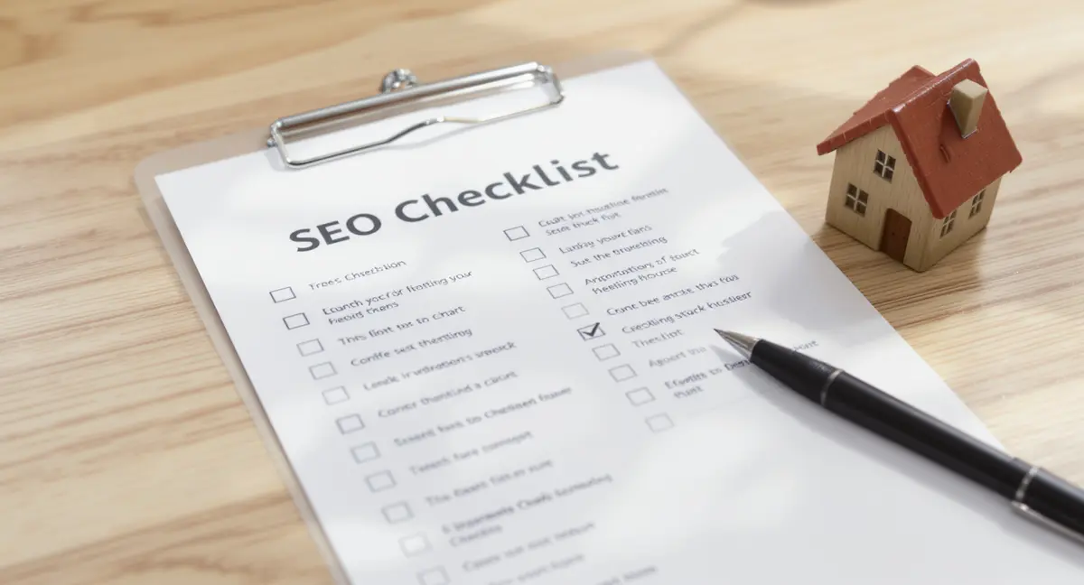 A printed SEO checklist with checkbox items, pen marking completed tasks, and a small model house - Strategyc