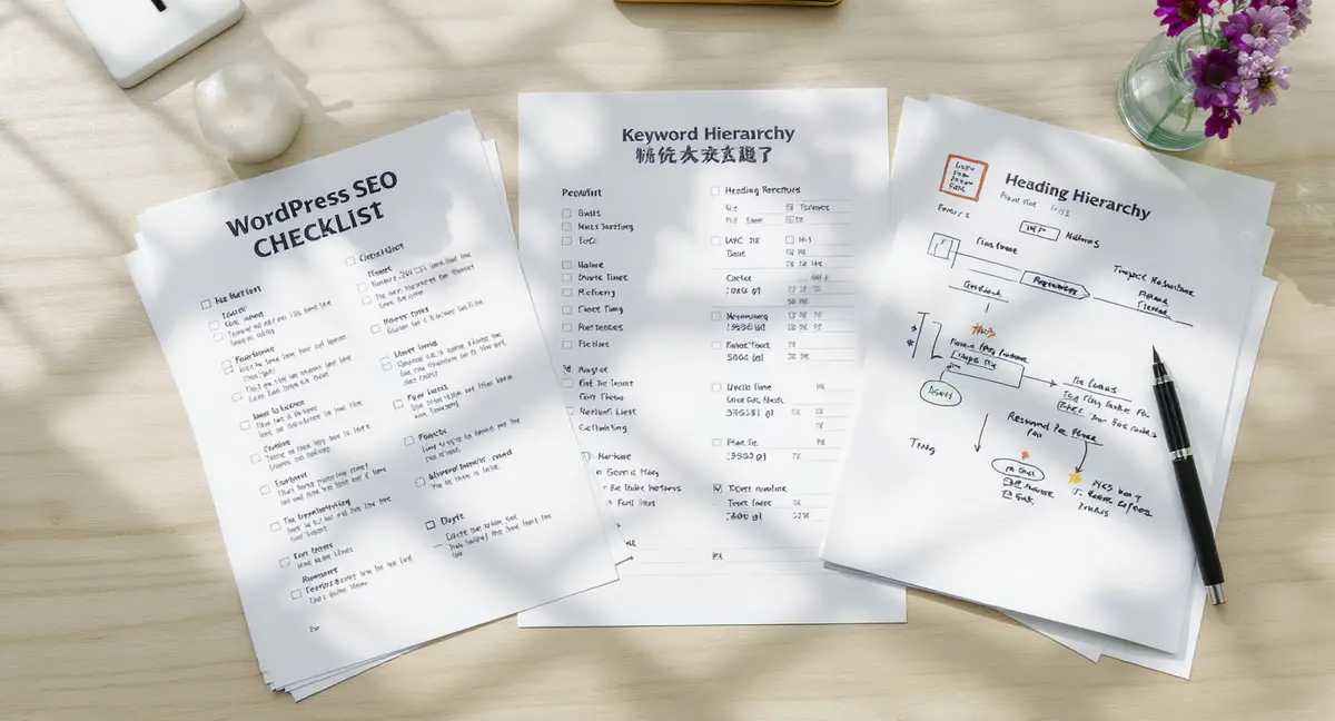 WordPress SEO checklist printout with permalink settings form, heading hierarchy diagram, and keyword - Strategyc
