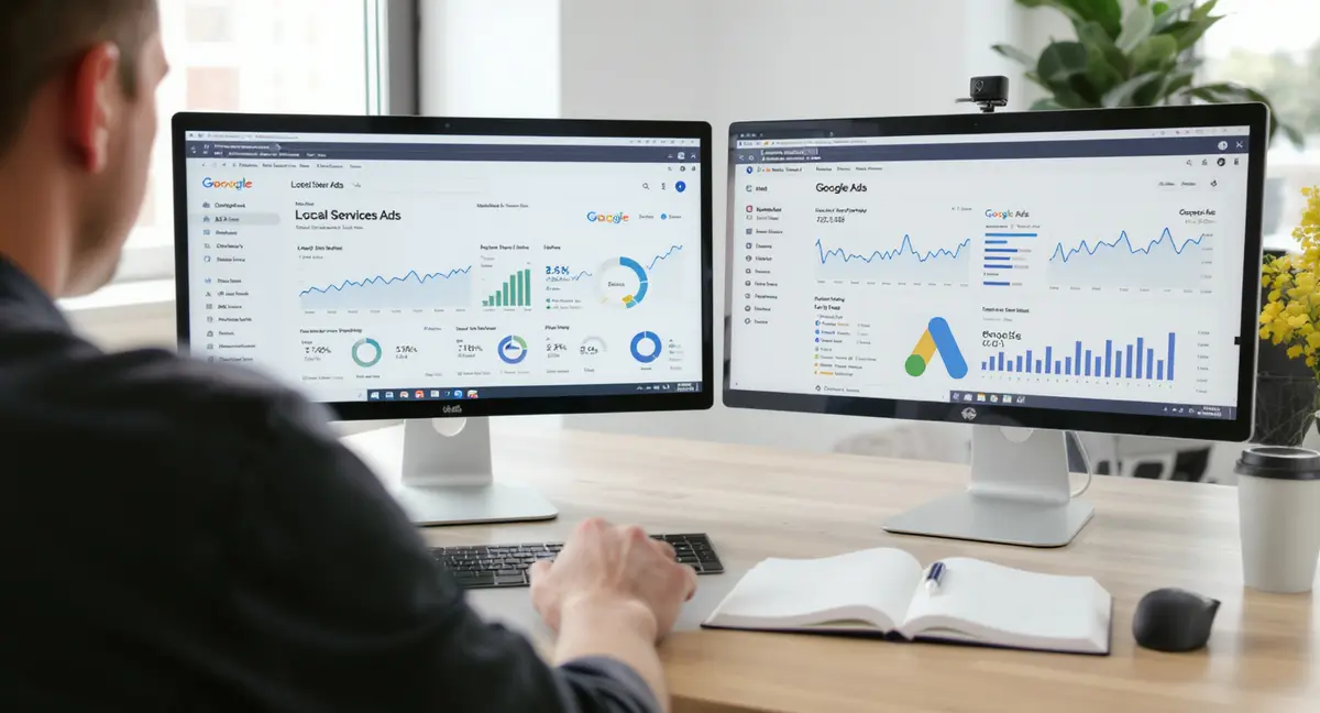 Digital marketer comparing two browser tabs side-by-side: Local Services Ads dashboard and Google Ads - Strategyc