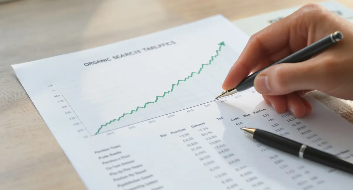 Hand pointing at upward-trending organic search traffic line graph on printed analytics report with - Strategyc
