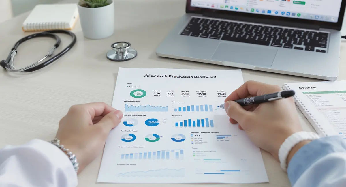 Healthcare provider's hands reviewing AI search analytics dashboard printout with medical practice - Strategyc
