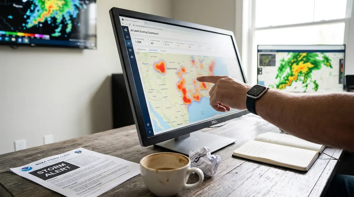 Storm damage heat map overlay on a desktop monitor displaying real-time AI lead scoring dashboard with - Strategyc