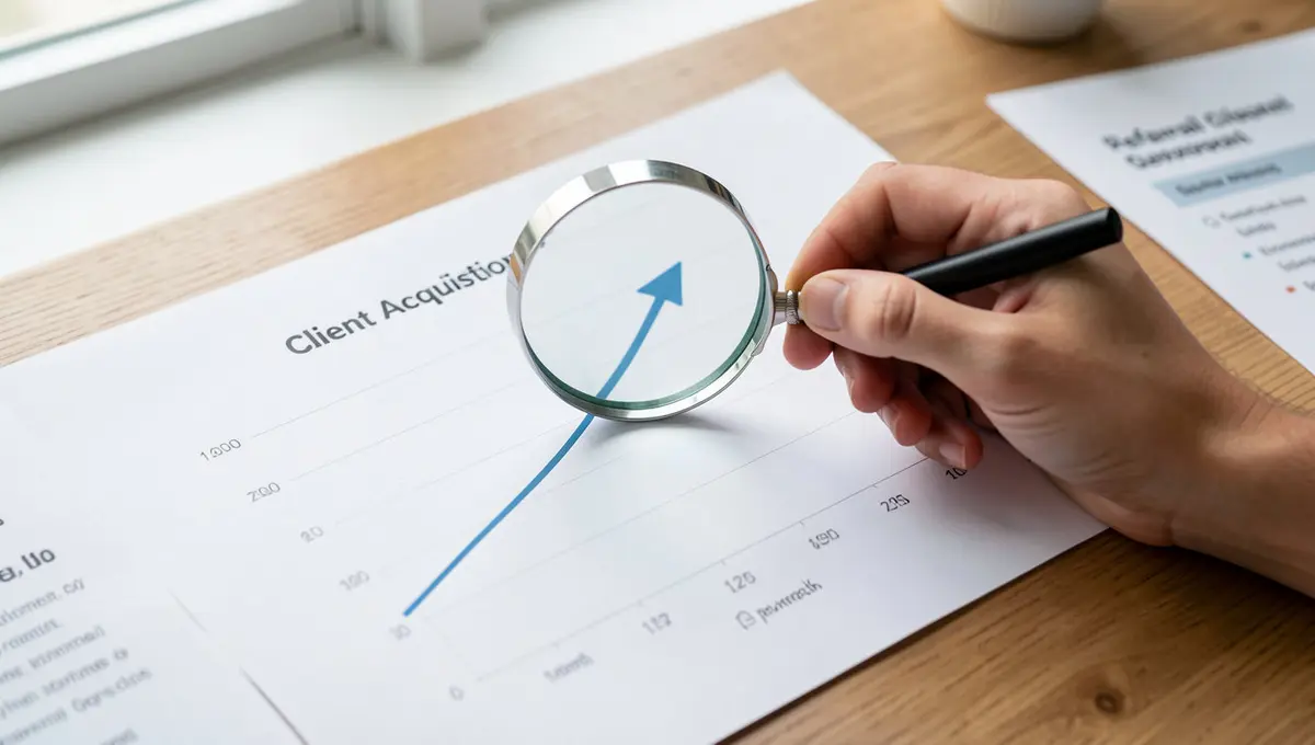 Close-up of a hand drawing an upward-trending client acquisition curve on a printed analytics chart, - Strategyc