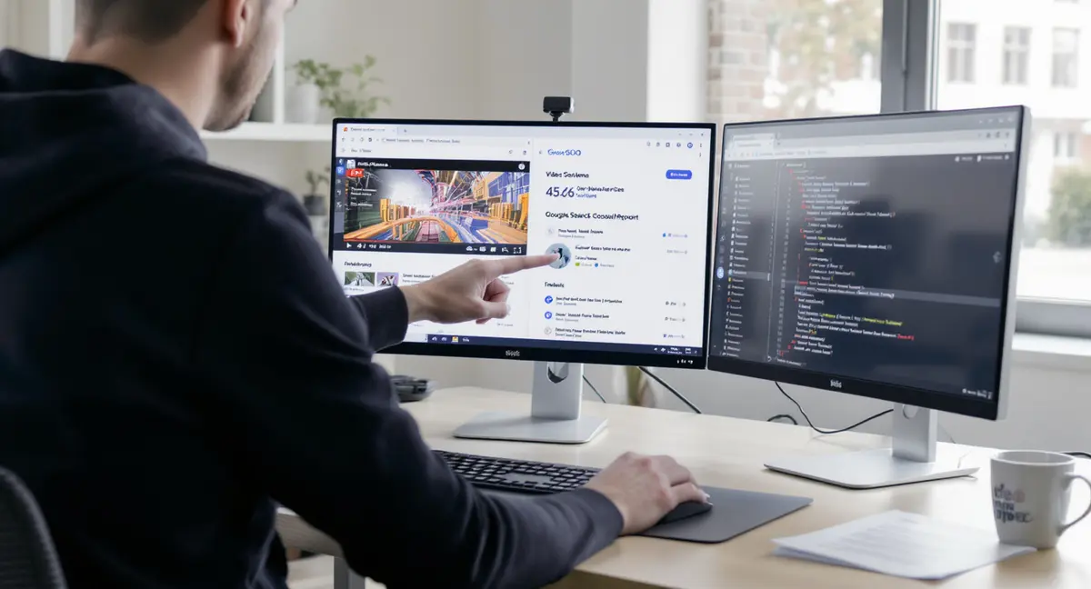 Digital marketer standing at desk pointing at dual-monitor setup displaying video schema markup and - Strategyc