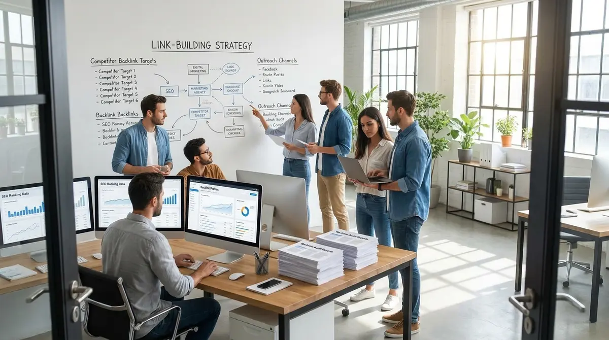 Digital marketing agency office with link-building strategy whiteboard, team collaboration space, and SEO - Strategyc