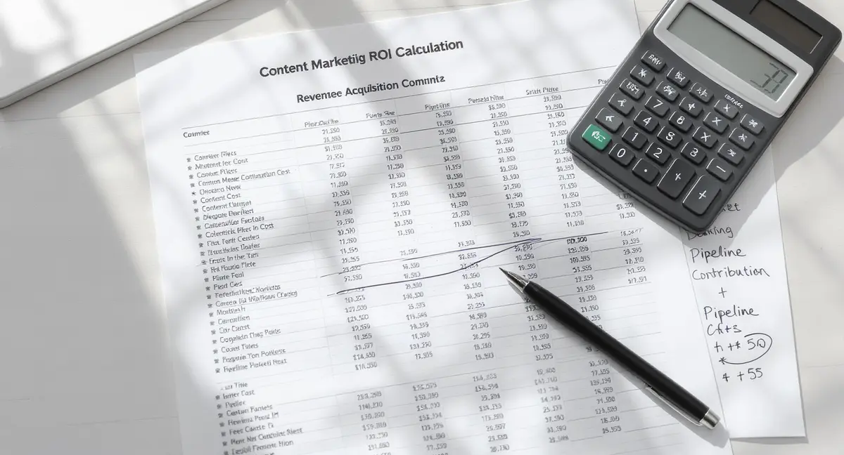 Content marketing ROI calculation spreadsheet with revenue attribution columns, calculator, and - Strategyc