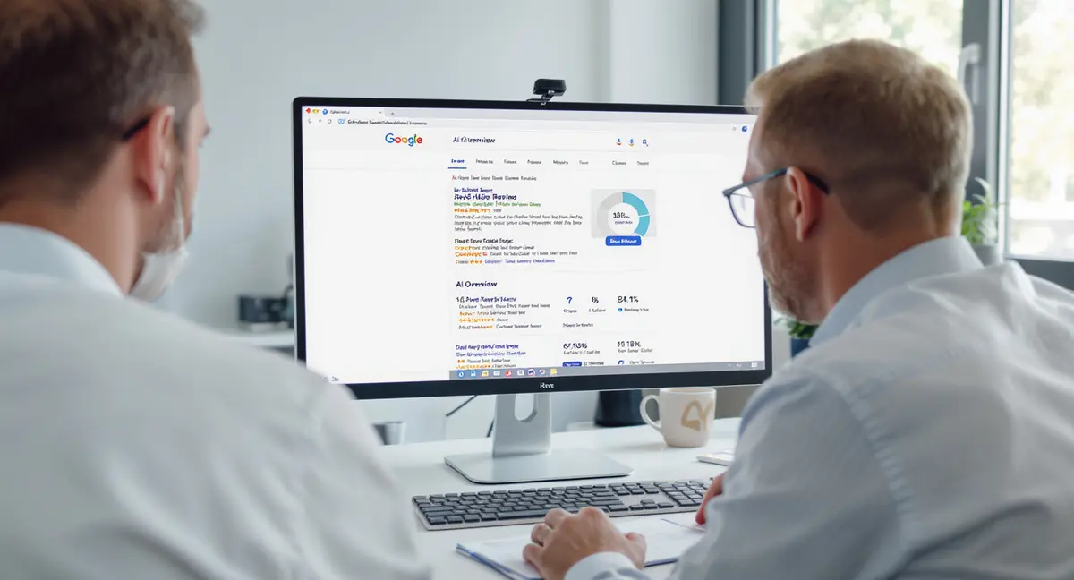 Dentist reviewing Google search results and AI Overview rankings on desktop monitor at practice desk - Strategyc