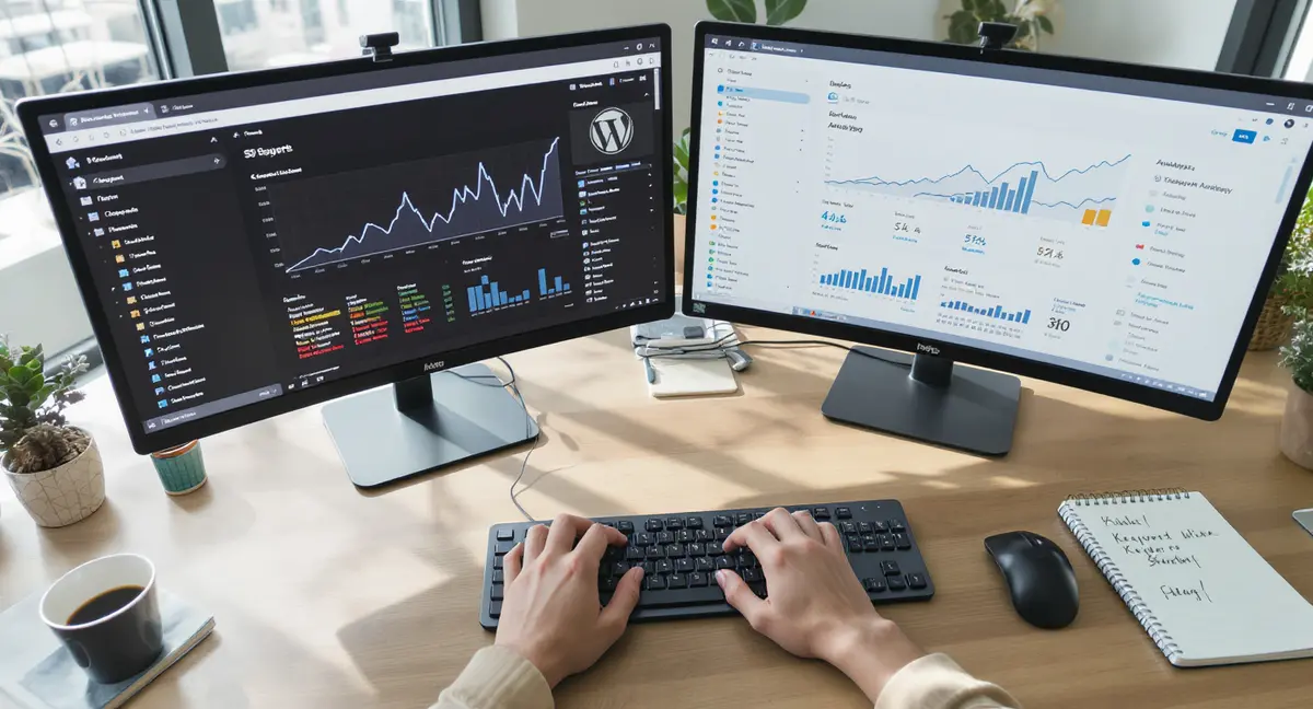 Hands typing on a WordPress dashboard with keyword analytics and search ranking data visible on dual - Strategyc