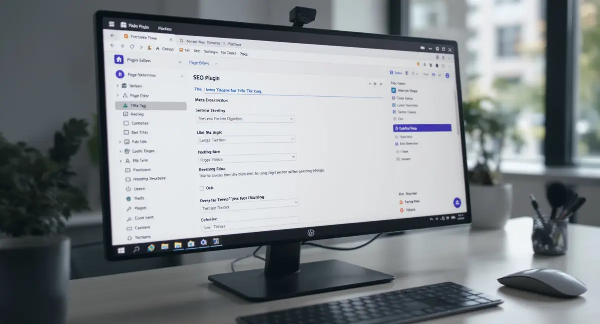 WordPress admin dashboard displayed on a desktop monitor showing page editor with SEO plugin settings - Strategyc