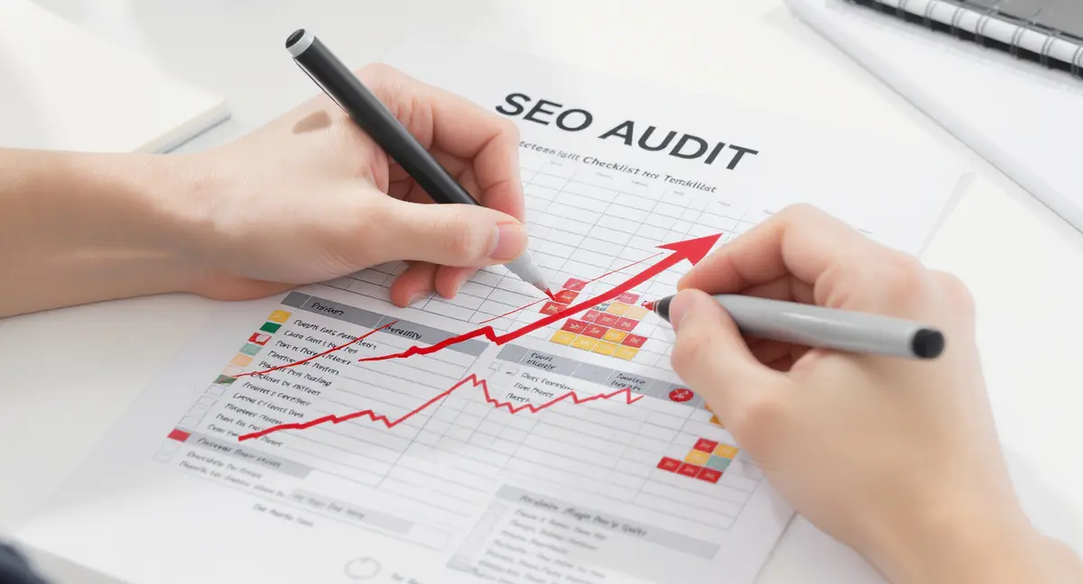 Hand drawing a red trend arrow upward across a printed SEO audit checklist matrix with color-coded - Strategyc
