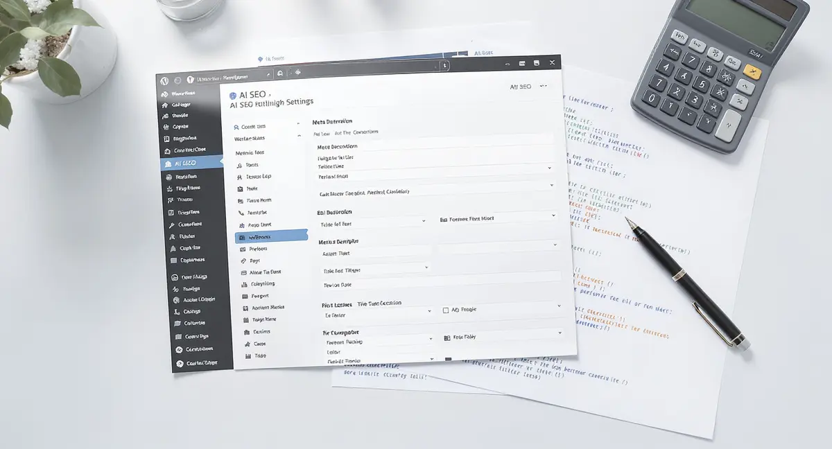 WordPress dashboard printout with AI SEO plugin settings panel, meta tag generation output, and schema - Strategyc