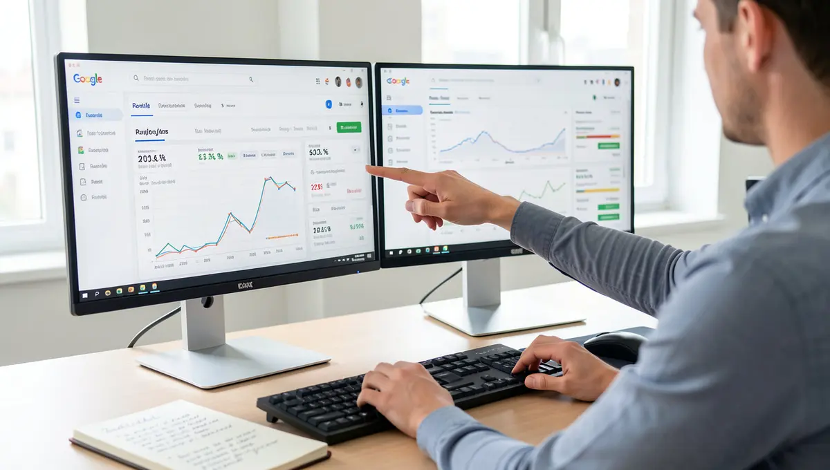 Digital marketer pointing at dual-monitor analytics dashboard showing ranking positions and traffic metrics - Strategyc