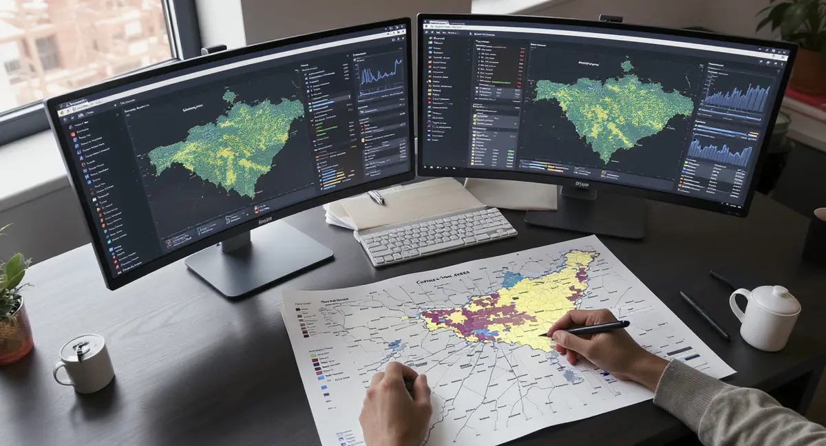 Dual-monitor analyst workstation displaying service area performance heatmap and conversion funnel - Strategyc