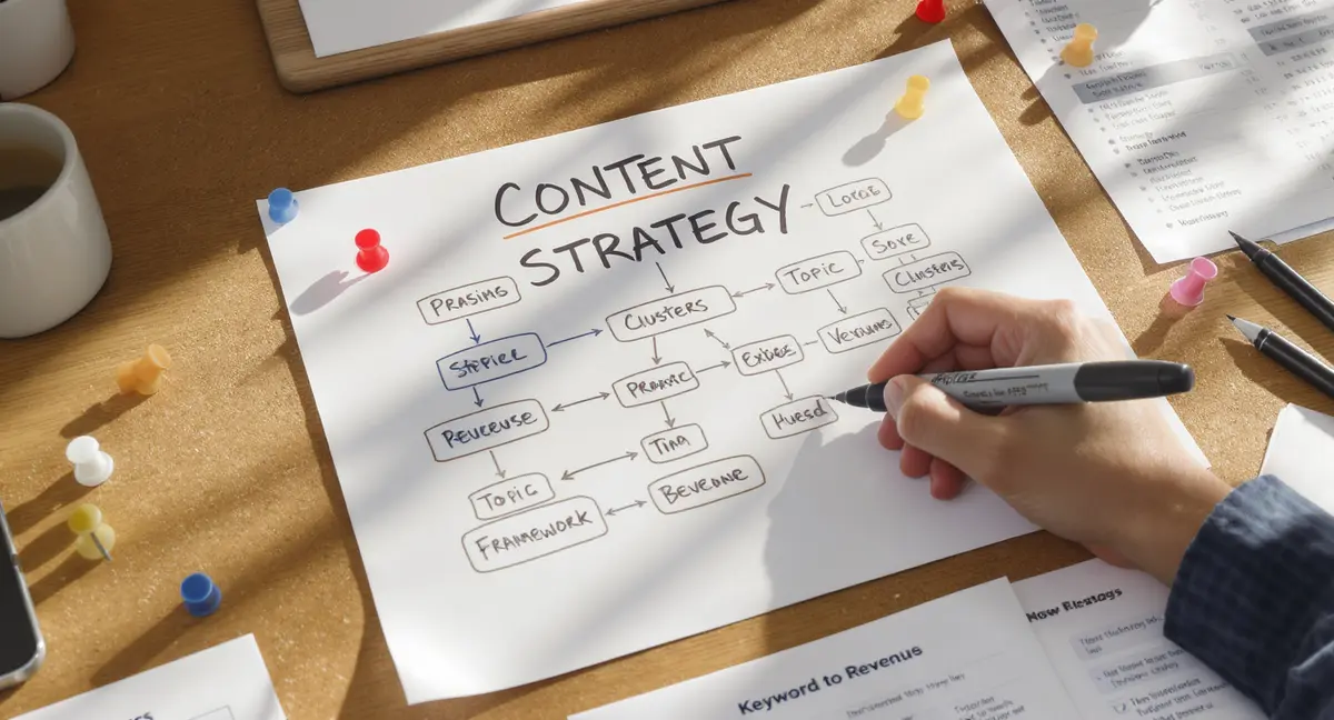 Content strategy framework diagram pinned to cork board with hand drawing connecting topic clusters to - Strategyc