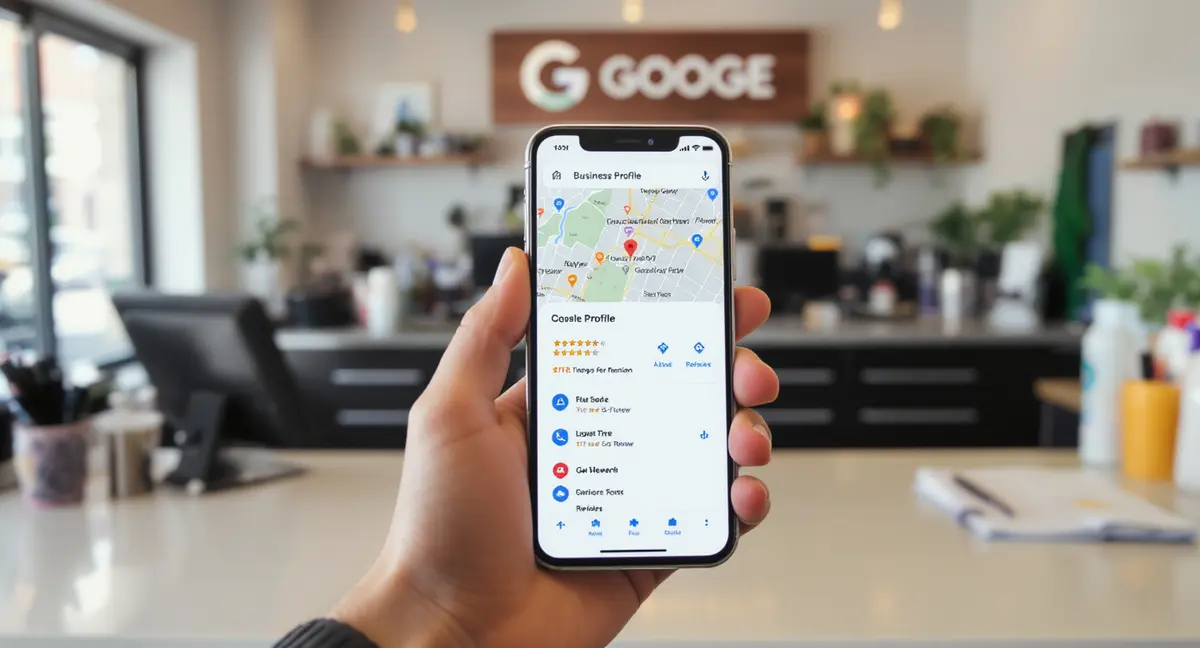 Google Business Profile listing displayed on a smartphone screen inside a local business storefront or - Strategyc