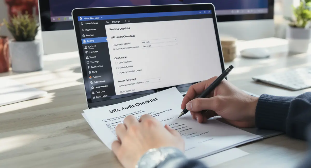 Digital marketer's hand adjusting WordPress permalink structure settings on laptop screen while holding - Strategyc