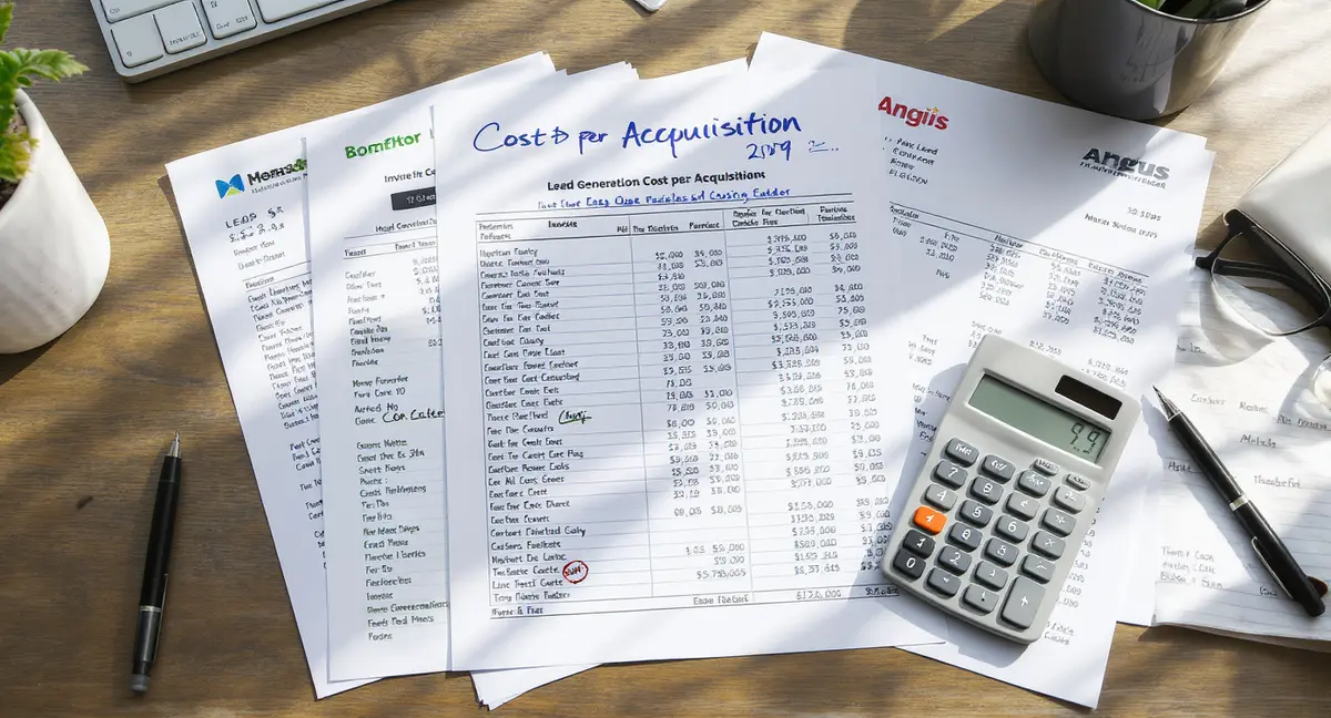 Lead generation cost-per-acquisition spreadsheet with HomeAdvisor and Angi invoices, calculator, and - Strategyc