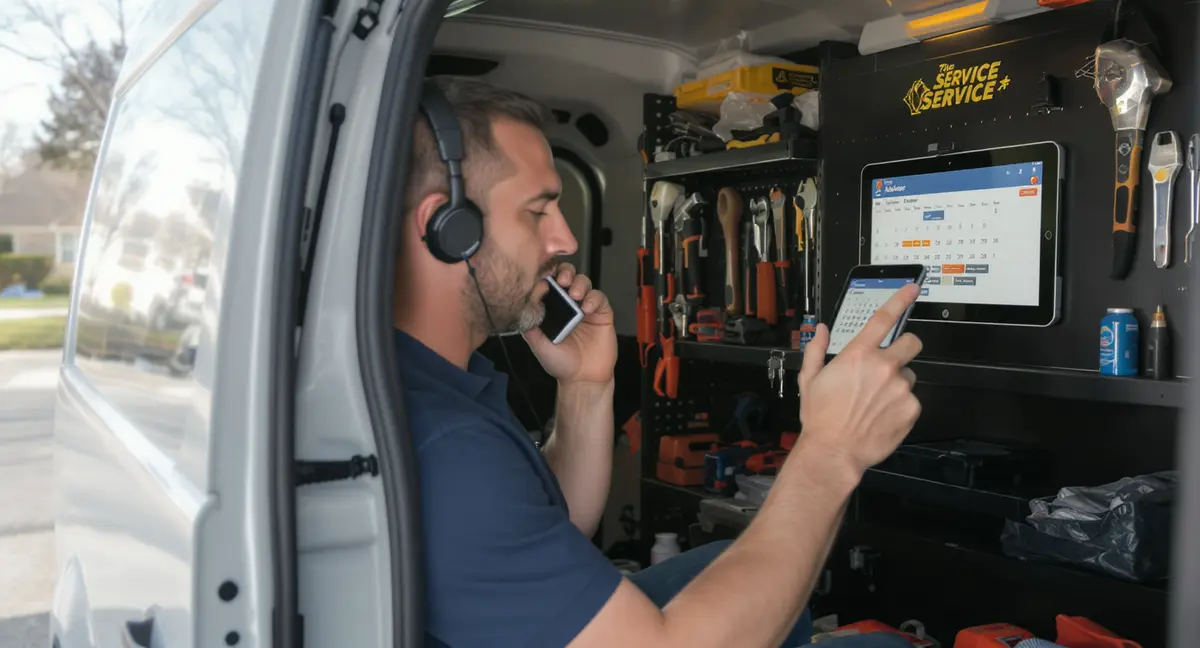 Home service technician answering phone call inside a service van with appointment calendar and tools - Strategyc