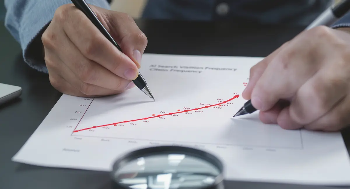 Close-up of a hand drawing an upward trend line across a printed AI search visibility graph with - Strategyc