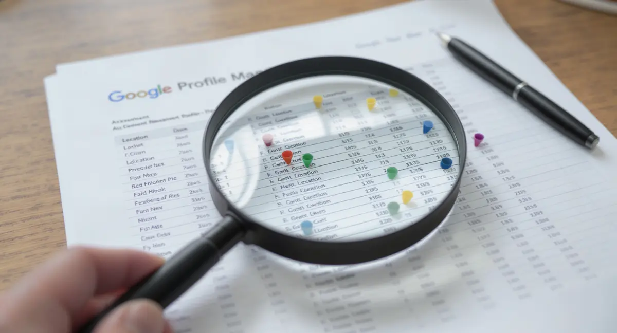 Magnifying glass held over a printed Google Business Profile management spreadsheet with multiple - Strategyc