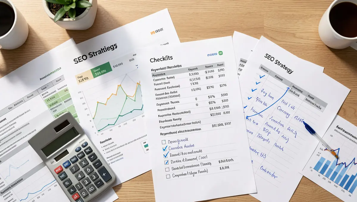 Overhead flat-lay of SEO strategy documents, analytics printouts, and keyword research spreadsheets on - Strategyc