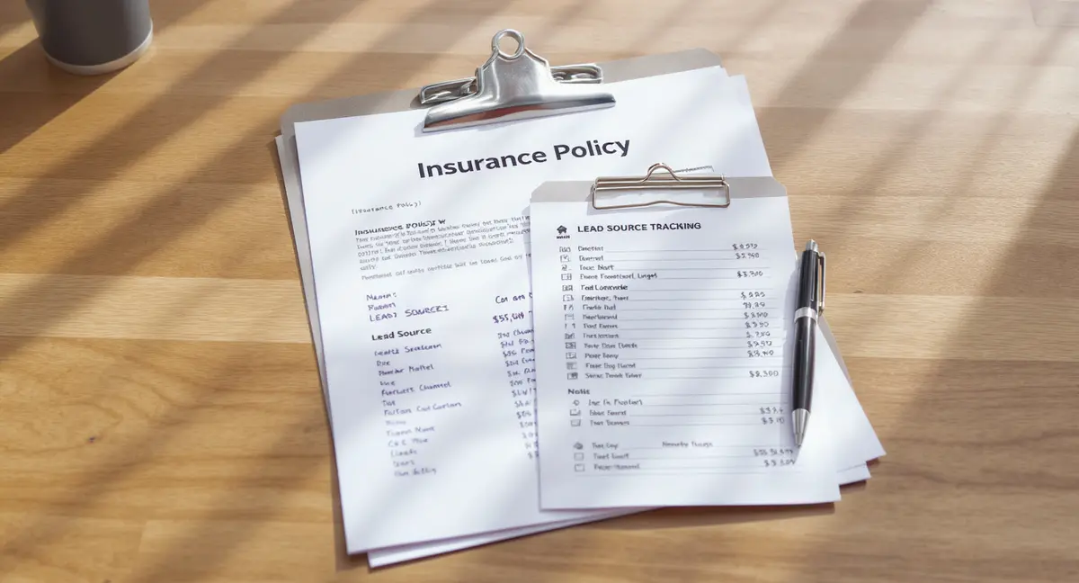 Insurance policy folder with handwritten lead source notes and ROI calculation sheet clipped together - Strategyc