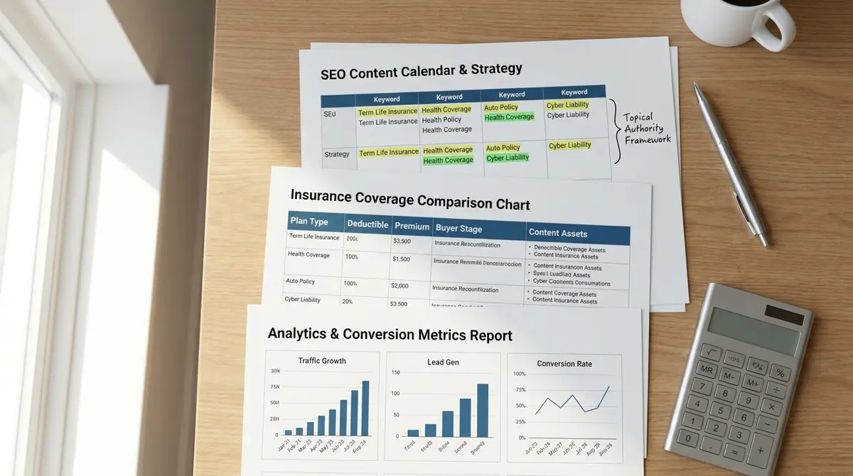 Content marketing strategy document with SEO checklist, insurance coverage comparison chart, and - Strategyc