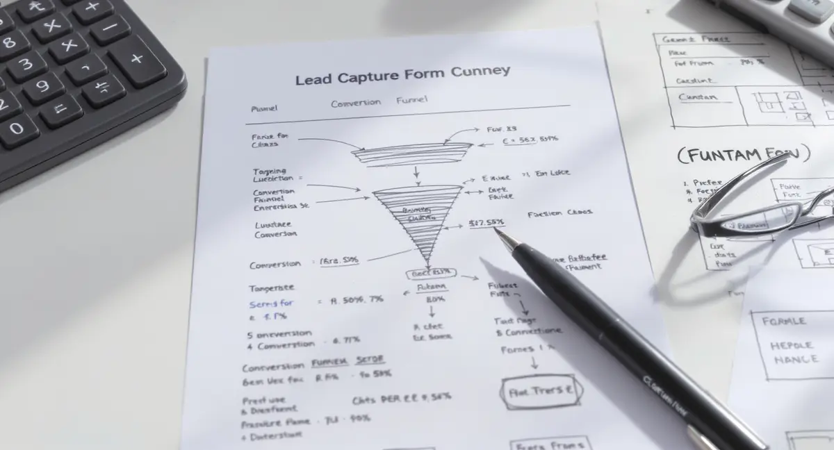 Lead capture form printout with conversion funnel diagram, pen marking conversion rates, and website - Strategyc