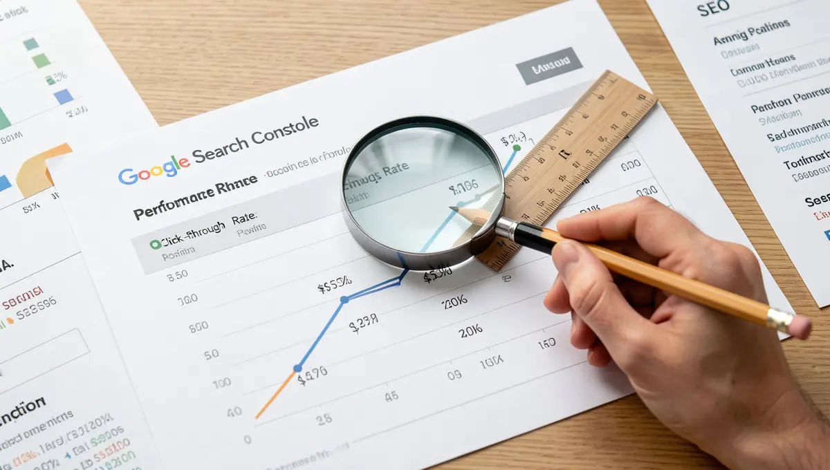 Close-up of a printed Google Search Console performance chart with hand drawing an upward trend line - Strategyc