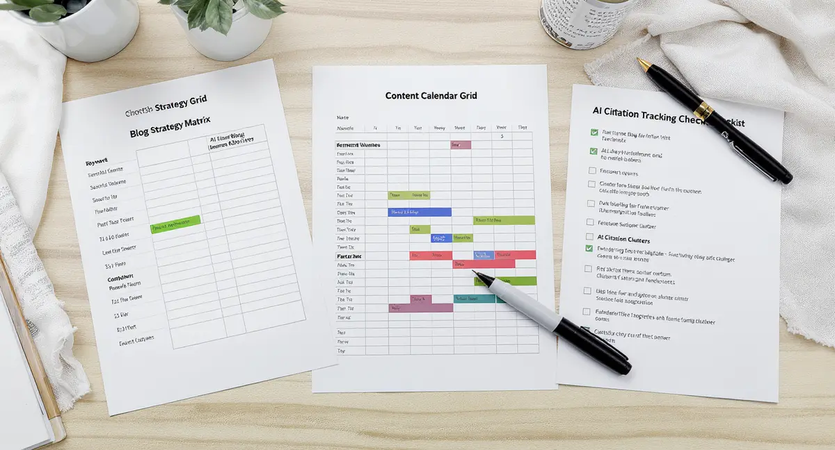 Overhead flat-lay of blog strategy worksheet with keyword intent matrix, content calendar grid, and AI - Strategyc