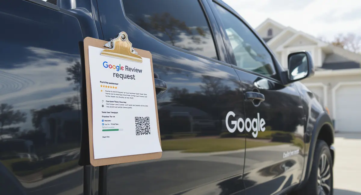 Roofing contractor's truck parked outside completed residential job with Google review request flyer - Strategyc