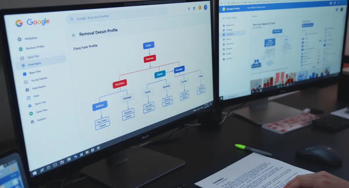 Dual-monitor analytics dashboard displaying Google Business Profile removal workflow decision tree with - Strategyc