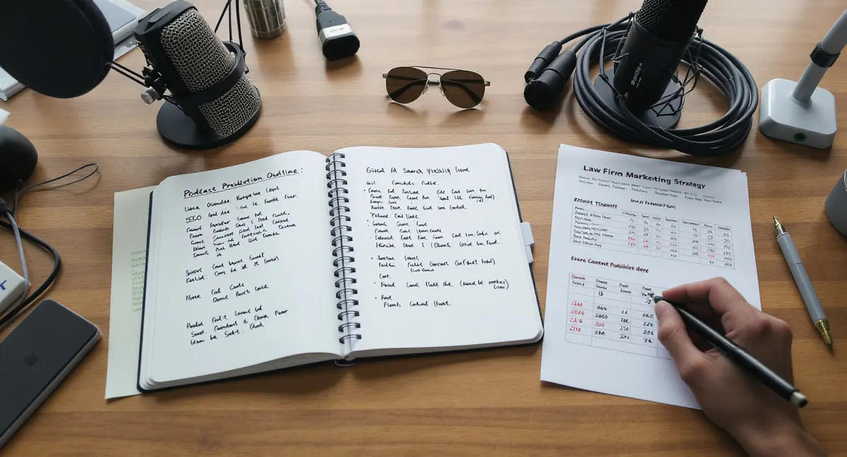 Podcast production notes and law firm marketing strategy documents spread across desk with microphone and - Strategyc