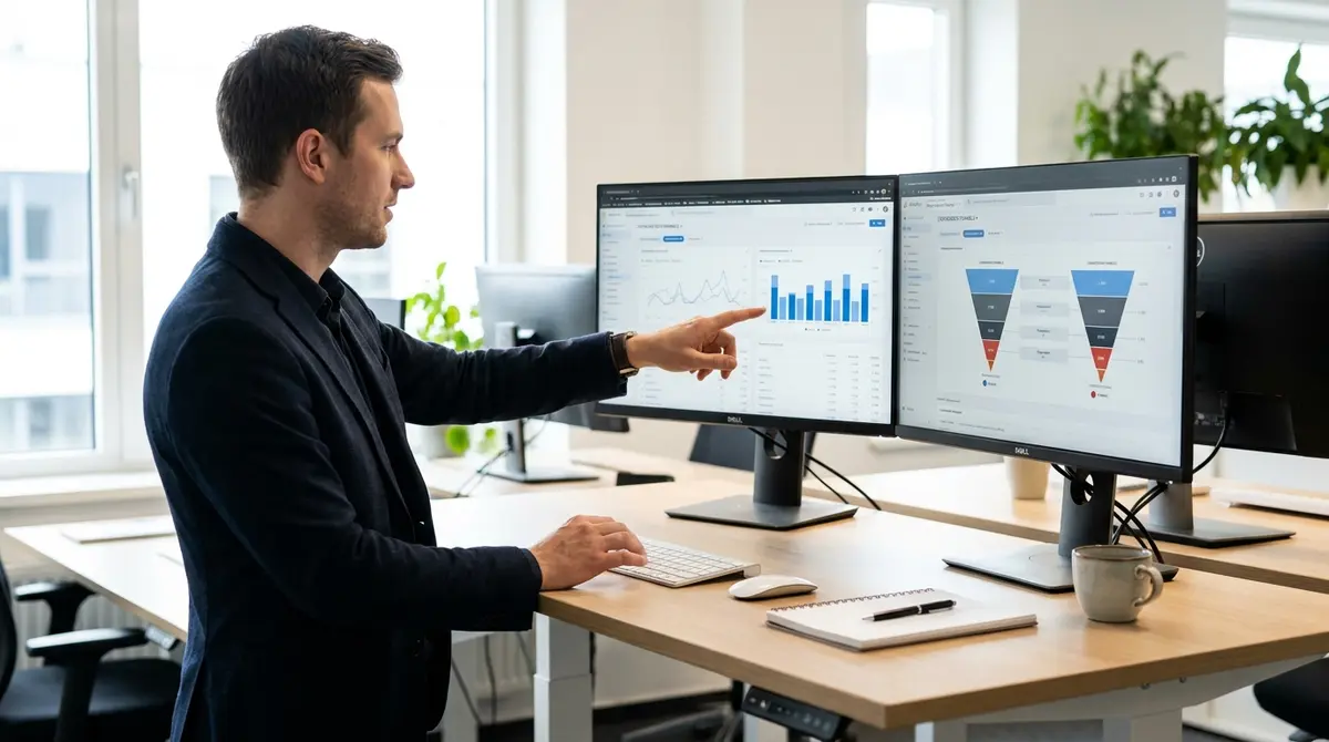 Digital marketer standing at desk, pointing at dual-monitor analytics dashboard displaying keyword - Strategyc