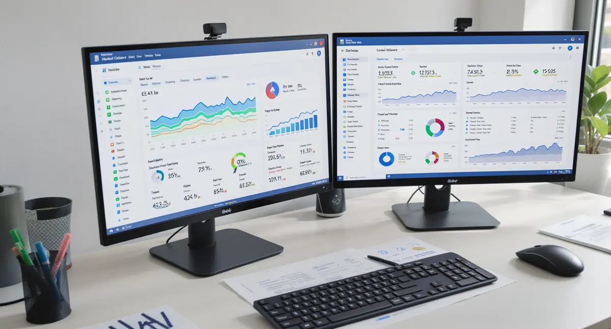 Healthcare SEO analytics dashboard on dual monitors displaying E-E-A-T metrics, local search rankings, - Strategyc