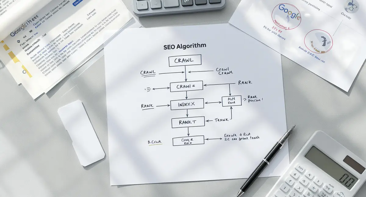 Printed SEO algorithm flowchart with crawl-index-rank pipeline annotated in pen beside calculator and - Strategyc