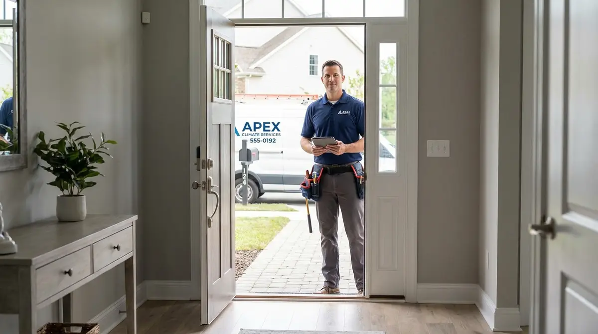 HVAC technician in work uniform standing in residential home entryway with service van visible through - Strategyc