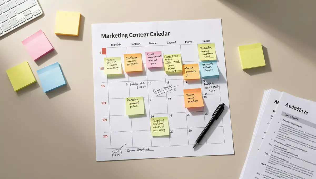 Marketing content calendar template printed on desk with color-coded sticky notes, pen annotations, and - Strategyc