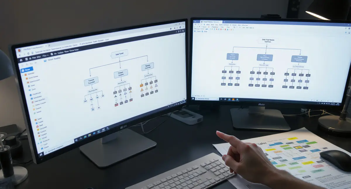 Analyst's hand pointing at a dual-monitor workstation displaying WordPress site structure diagram with - Strategyc