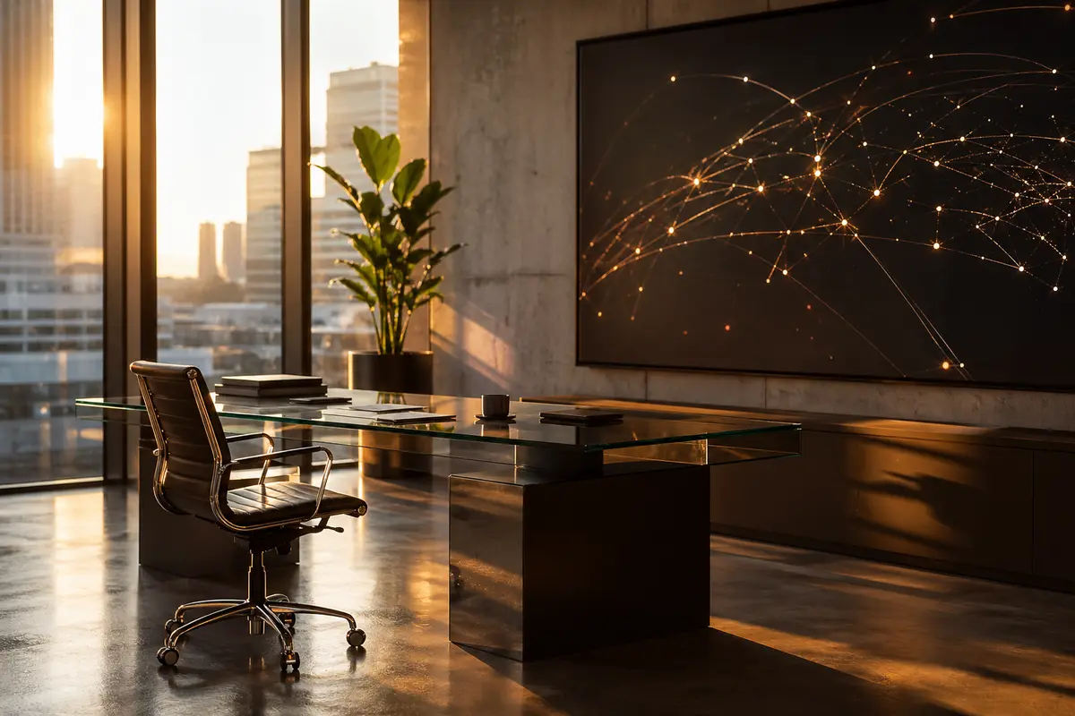 Editorial workspace at golden hour with abstract data network visualization on a large display, representing AI search citation patterns - Strategyc