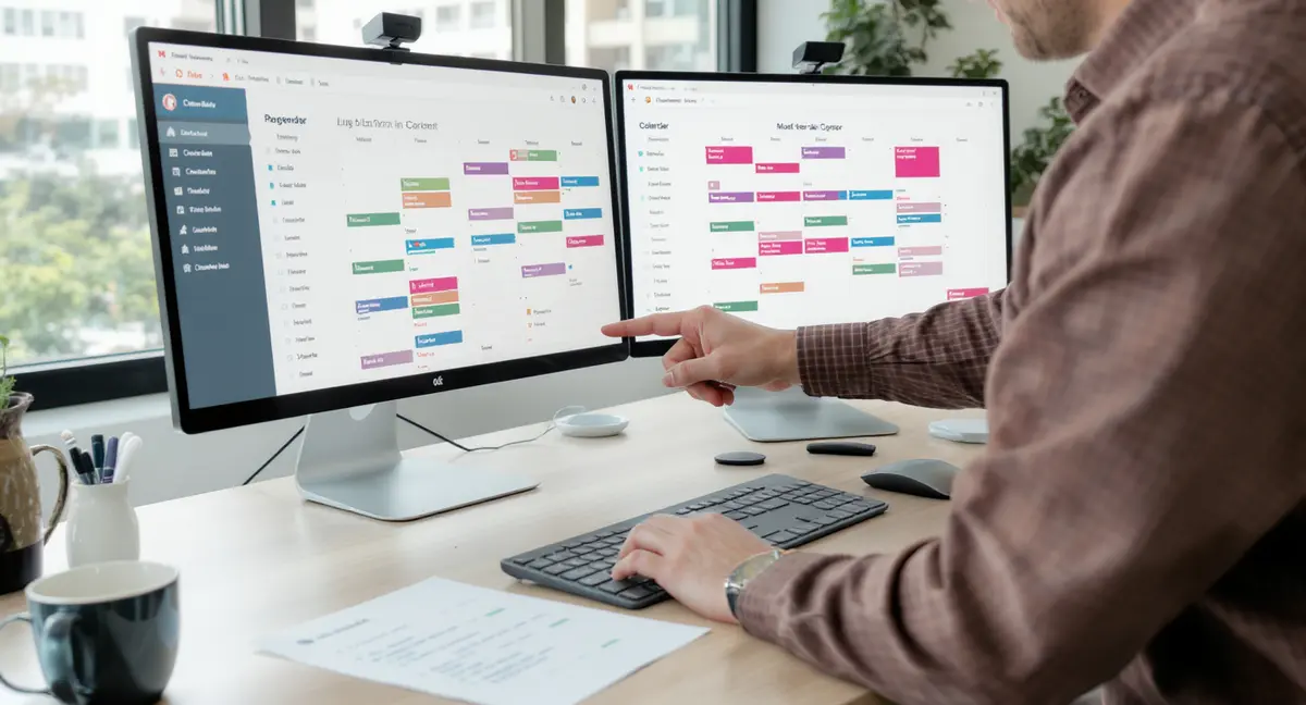 Marketing manager standing at a desk, hand pointing at a multi-channel content calendar displayed across - Strategyc