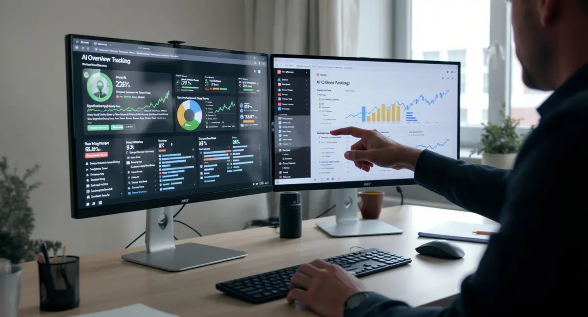Digital strategist pointing at dual-monitor setup displaying AI Overview citation tracking and real - Strategyc