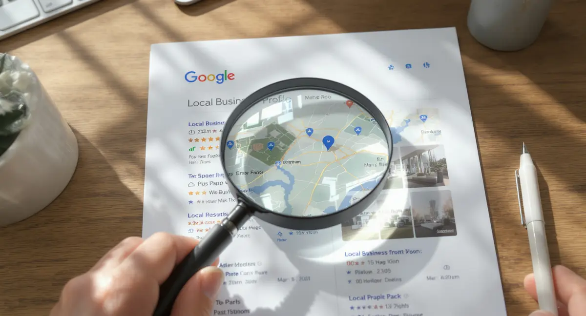 Small business owner's hand holding a magnifying glass over a printed local search results page showing - Strategyc
