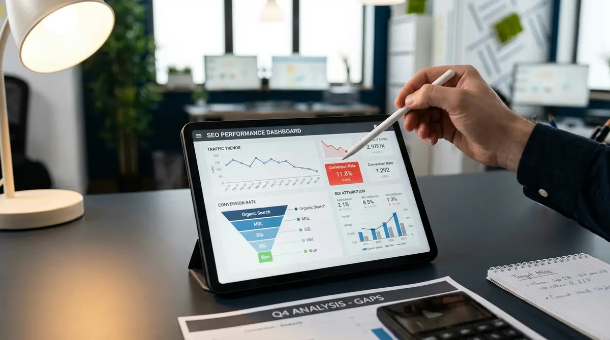 Hand pointing at SEO reporting dashboard displaying traffic metrics, conversion funnels, and ROI - Strategyc
