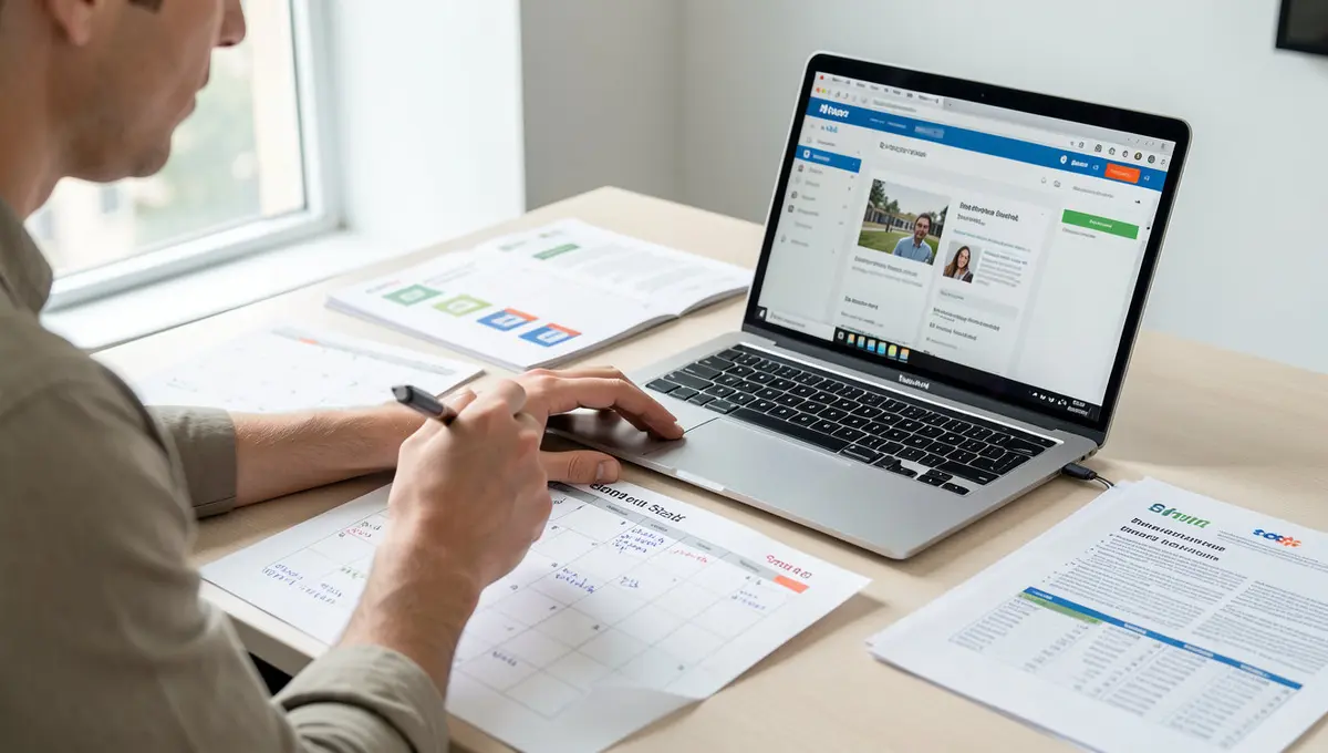 Digital marketer reviewing email campaign calendar on laptop while annotating send dates on printed - Strategyc