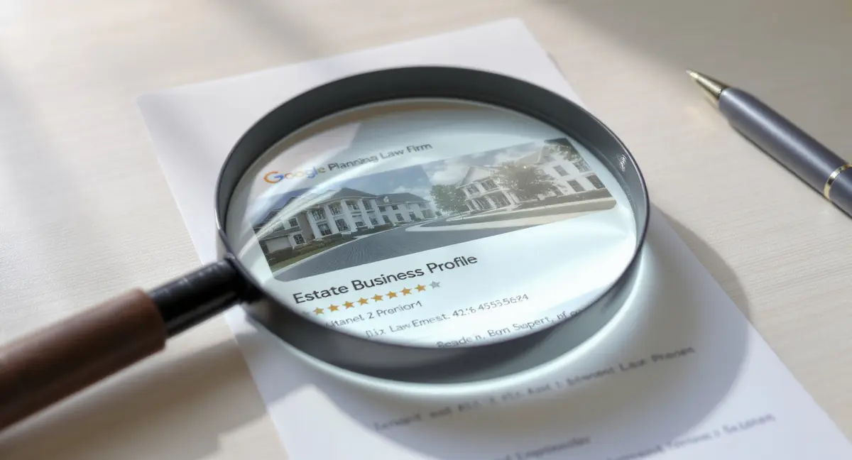 Magnifying glass positioned over a printed Google Business Profile listing card for an estate planning - Strategyc