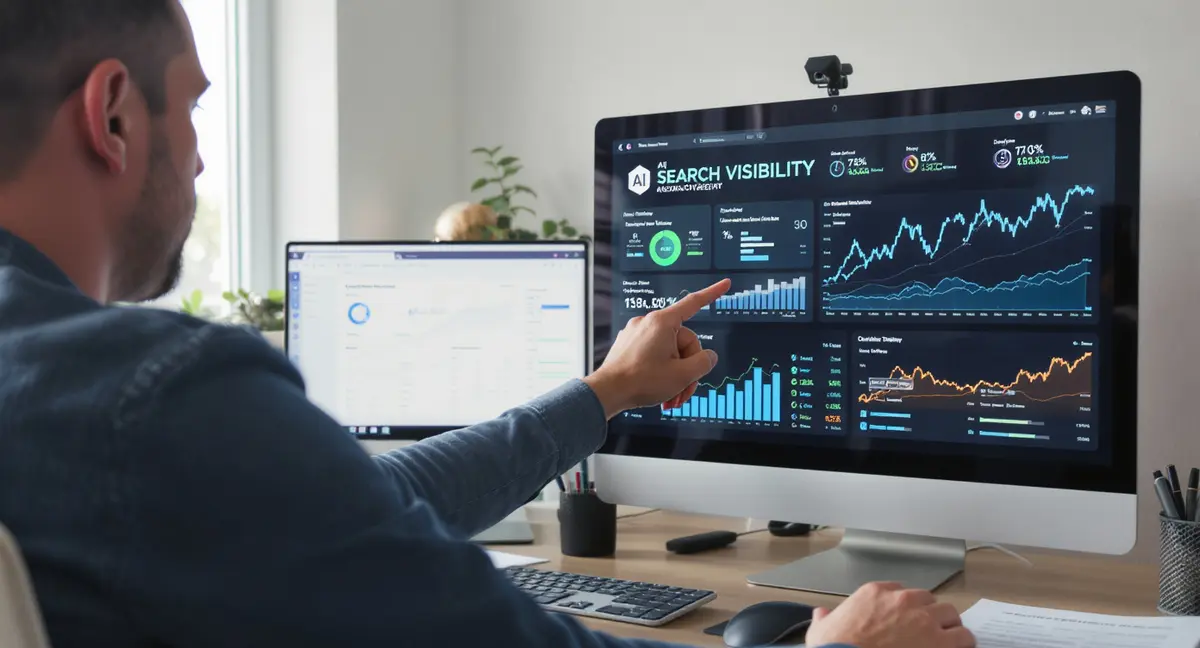 Digital marketer mid-presentation, pointing at a monitor displaying AI search visibility metrics and - Strategyc