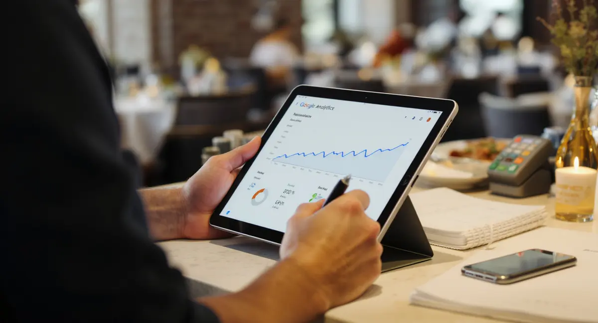 Restaurant owner reviewing Google Analytics dashboard on tablet at host stand during service - Strategyc