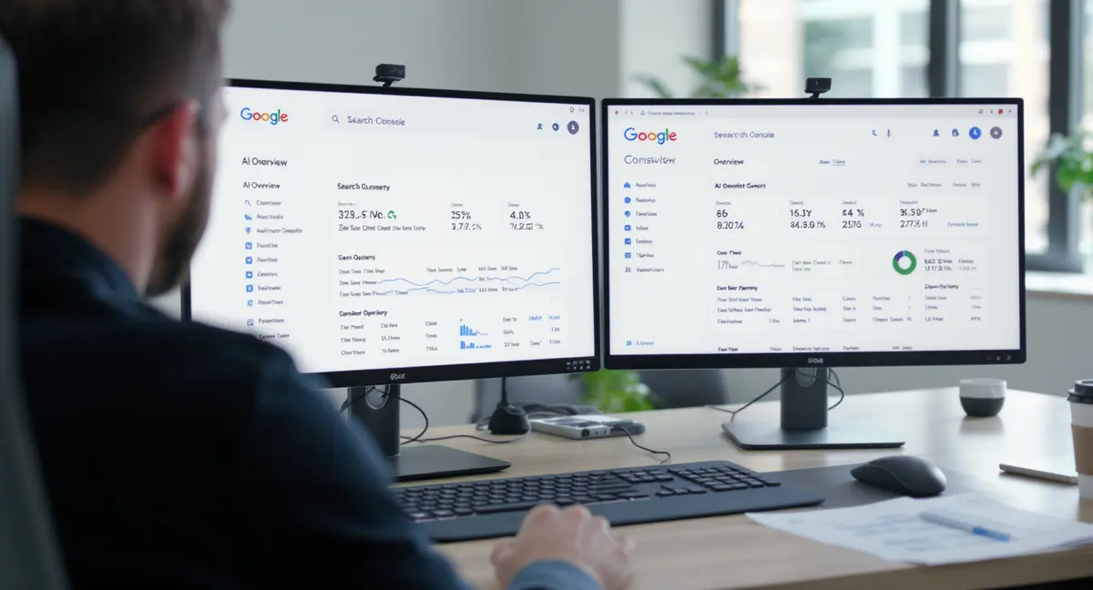 Digital marketer's desk with dual monitors displaying Google Search Console AI Overview performance data - Strategyc