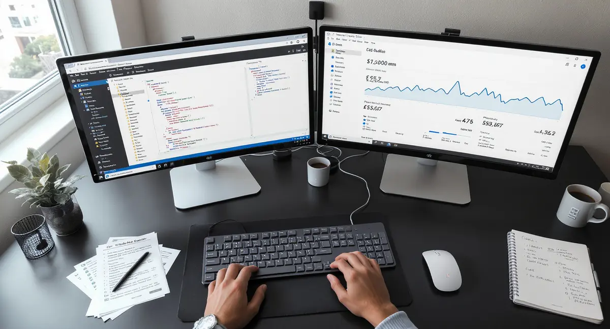 Dual-monitor workstation displaying WordPress Divi editor on one screen and Google Analytics performance - Strategyc